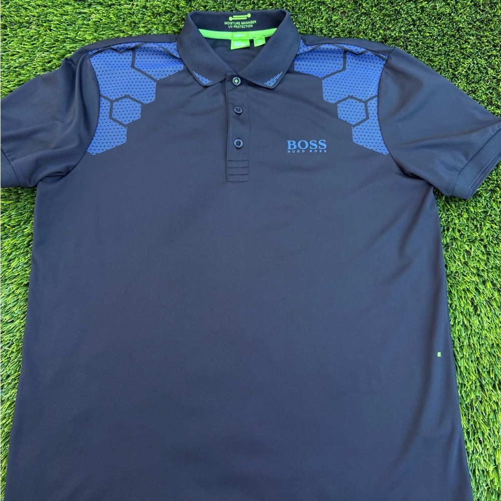 Hugo Boss Men’s Dark Blue Polo Shirt with Patterned Shoulders